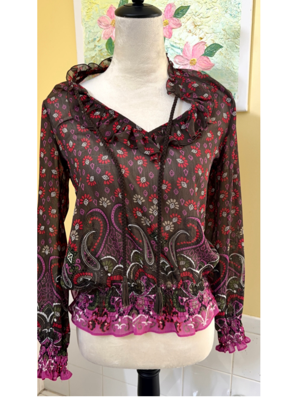 Women's Candie's Floral Paisley Blouse, Size S, Brown and Pink